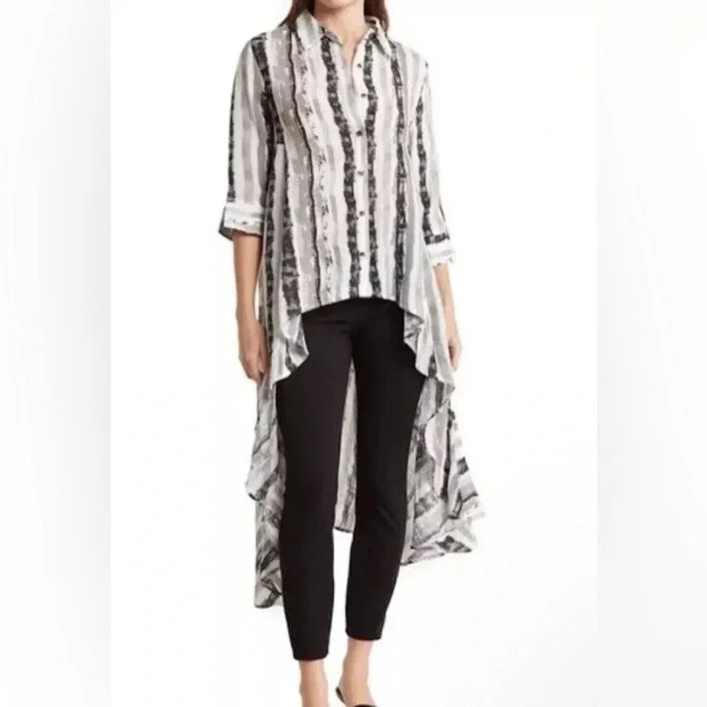 PATRIZIA LUCA Women’s Three Quarter High Low Striped Print Shirt Dress Top L - Picture 2 of 13